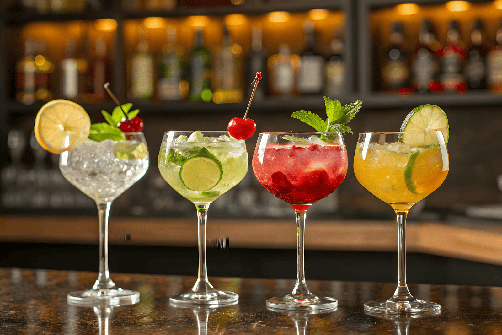 Four colorful cocktails with fruit garnishes on a bar counter.