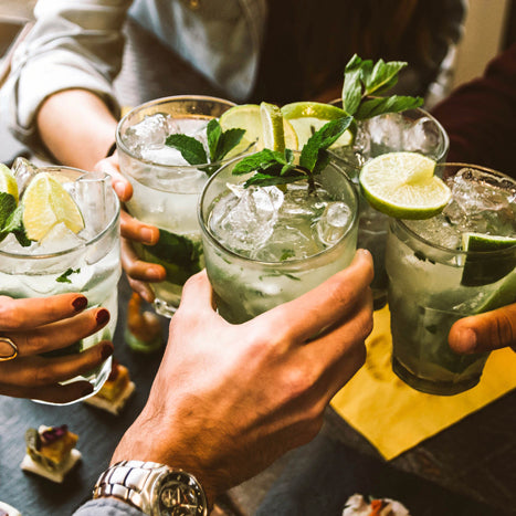 a group of people toasting with mojito cocktails