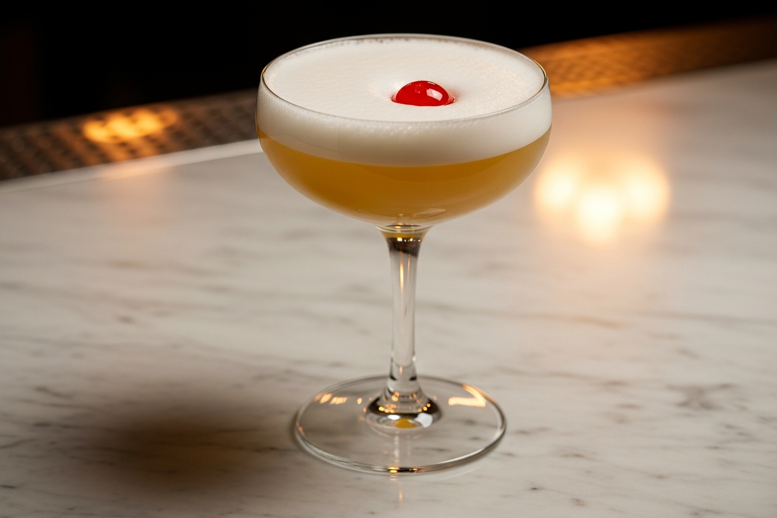 Close-up of a coupe glass containing a pale golden cocktail with a thick white egg white foam layer and a single maraschino cherry on top, on a marble bar surface, warm ambient light