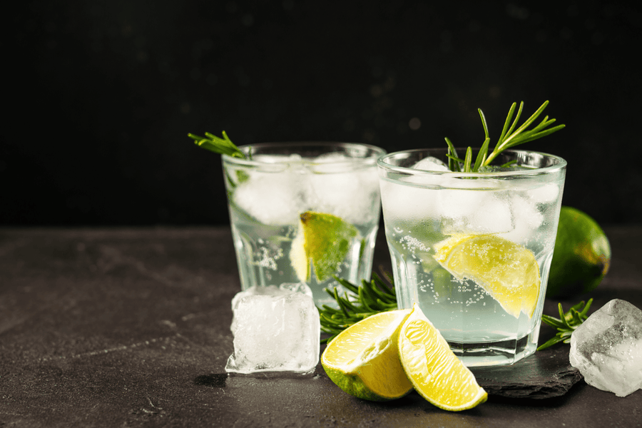 Two gin and tonic cocktails with lime, ice, and rosemary on a dark background.