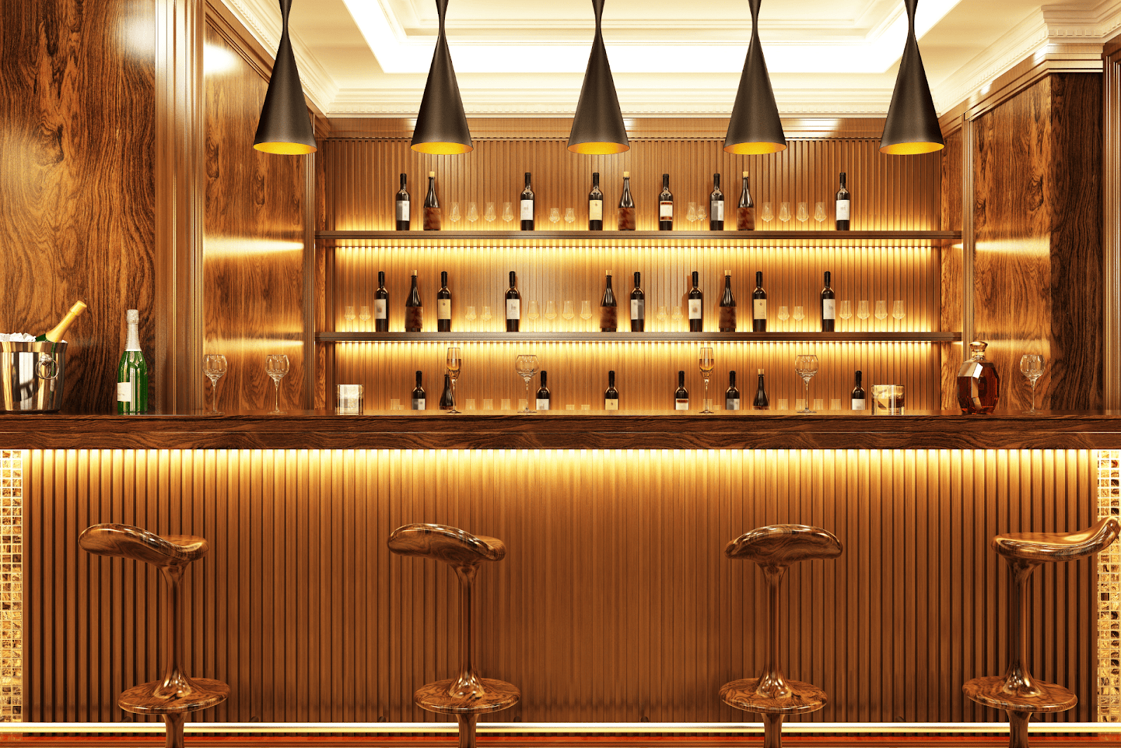 Elegant bar interior with warm lighting, wooden decor, and bottles arranged on shelves.