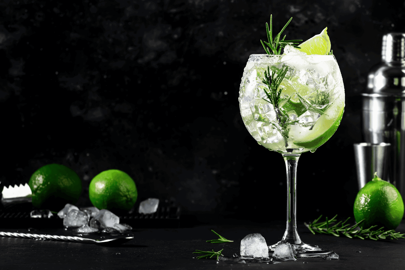Gin cocktail in a stemmed glass with lime wedges, rosemary, and ice, set against a dark background with limes and bar tools.