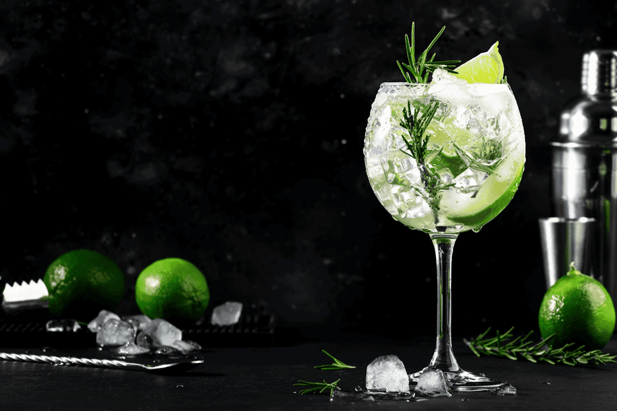 Gin cocktail in a stemmed glass with lime wedges, rosemary, and ice, set against a dark background with limes and bar tools.