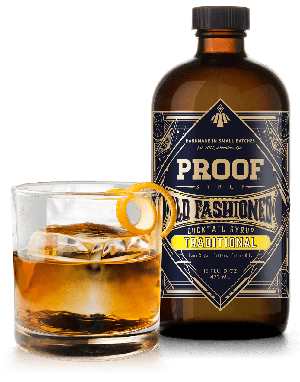 Proof Traditional Old Fashioned Syrup bottle with a finished cocktail